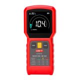 UNI-T UT377C pinless moisture meter scanning wood surface with high-contrast EBTN display and color-coded bar graph.